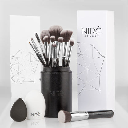 Niré Beauty 15-Piece Award-Winning Vegan Professional Makeup Brush Set with Case, Makeup Sponge, Brush Cleaner, Guide, and Gift Box